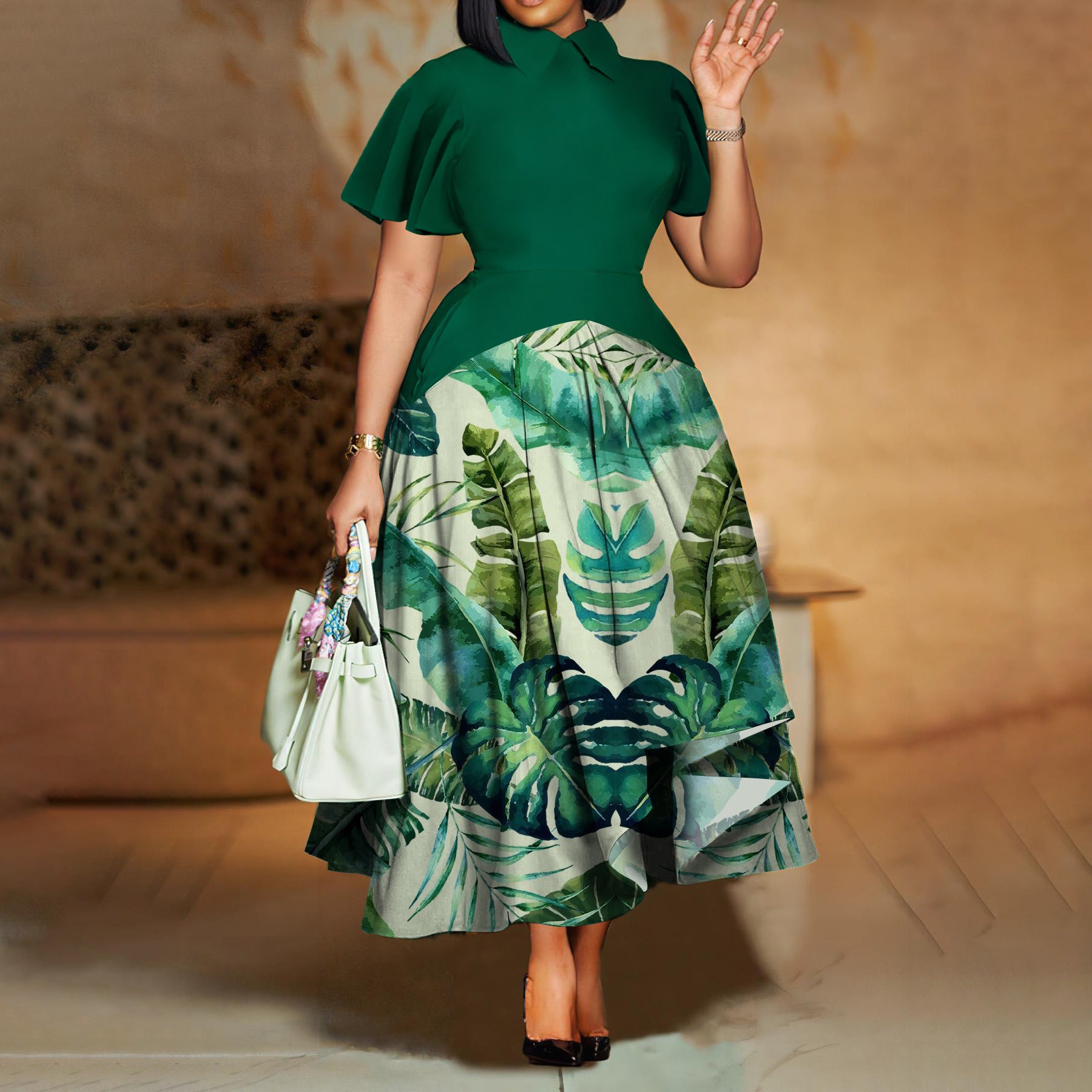 Women’s Summer Fashion Lapel Ruffle Sleeve Dress – Elegant Full Skirt African Print Plus Size Dress – Chic Temperament Casual &