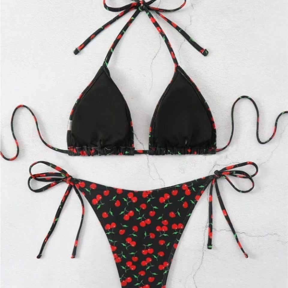New Digital Cherry Print Lace-Up Halter Bikini Split Swimsuit for Women