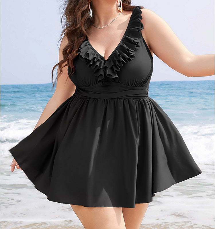 Women’s Two-Piece Ruffled Plus-Size Swimsuit – Flowy Top & High-Waisted Bottom Set - RAC25JP2636WPSW