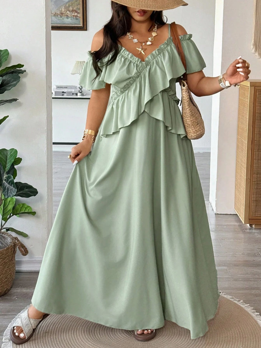 Women’s Plus-Size Summer Camisole Dress – Loose Fit Off-Shoulder Ruffled Maxi Dress