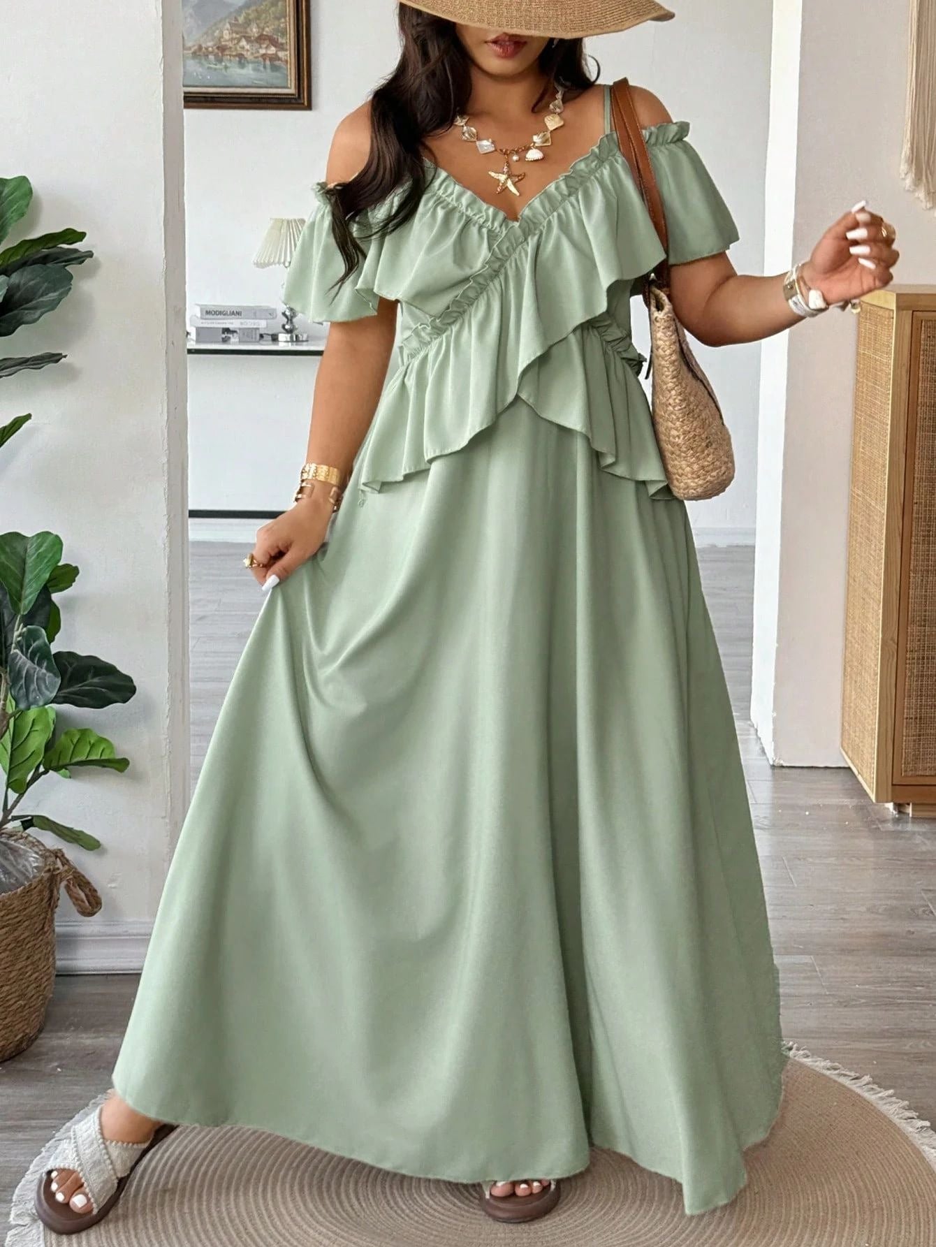 Women’s Plus-Size Summer Camisole Dress – Loose Fit Off-Shoulder Ruffled Maxi Dress