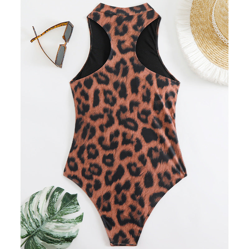 Leopard Print High Collar Sleeveless Zipper Bikini Belly Swimsuit