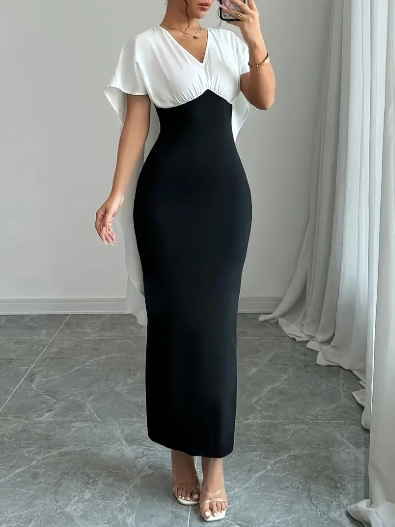 Style Girl Slim Fit Hip Slit Black and White Contrast Cape Dress for Women Elegant Midi Party Dress