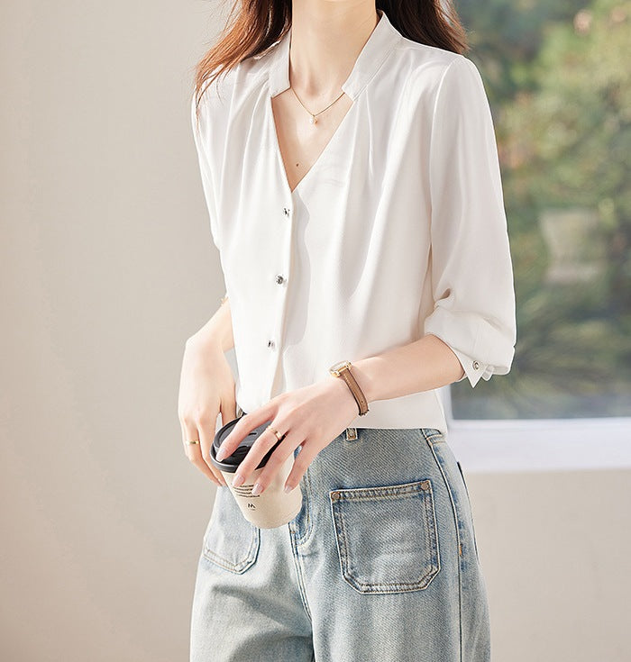 Women's V-Neck Long Sleeve Shirt - Spring & Autumn Formal Blouse