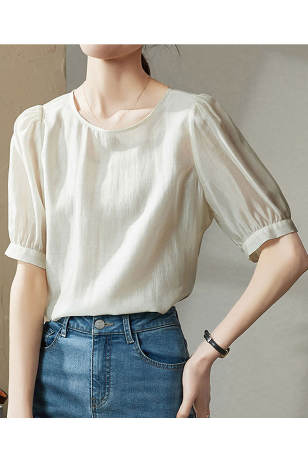 Women Round Neck Short-Sleeved Summer Solid Blouse