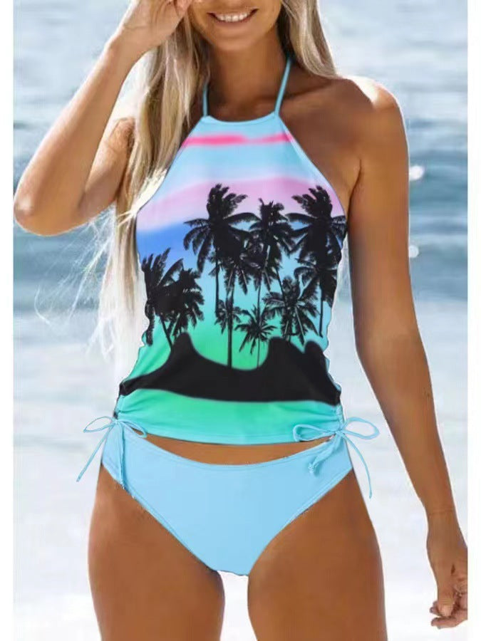 New Digital Print Lace-Up Neck Bikini High-Collar Split Swimsuit