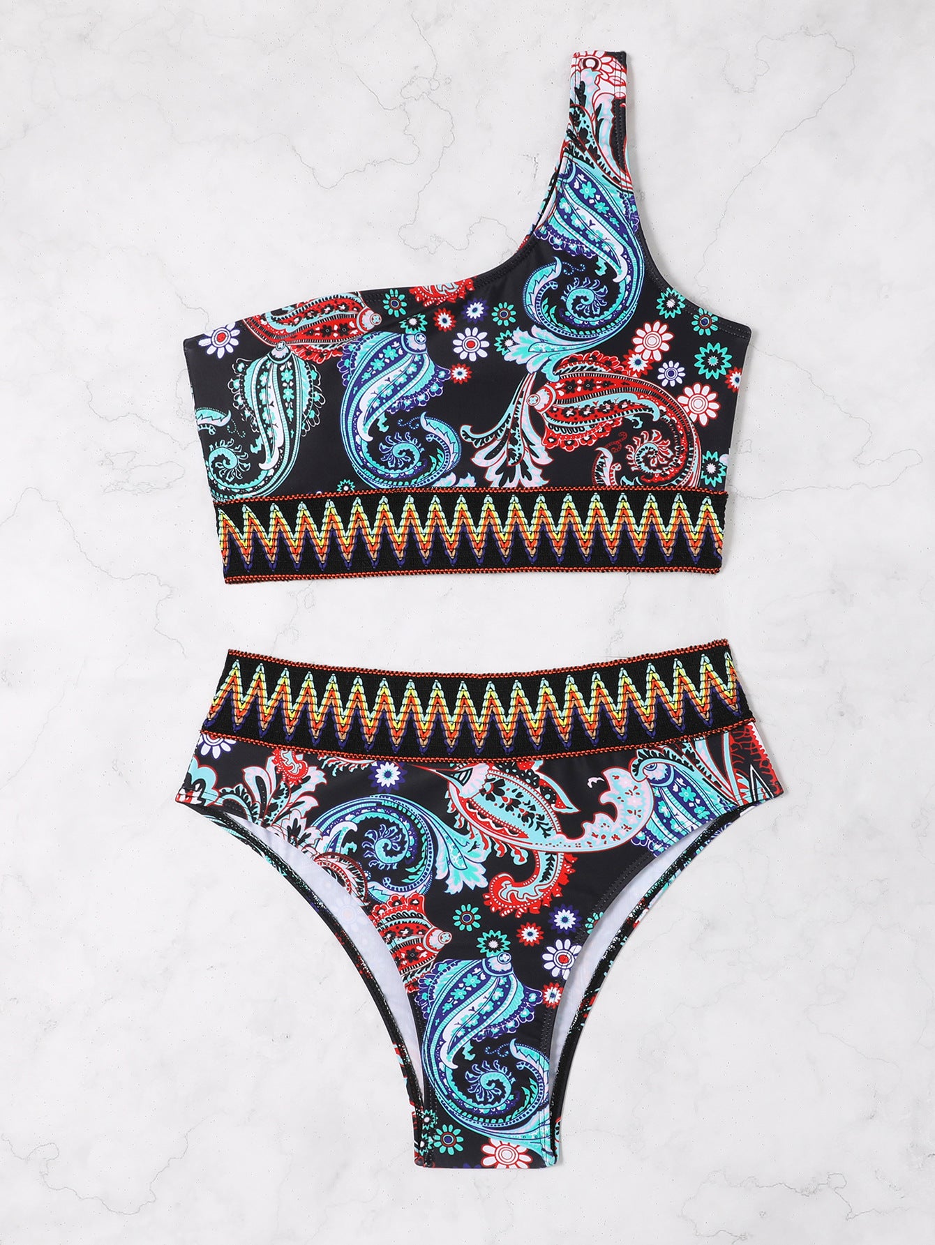 New Digital Print High-Waist Shoulder Strap Bikini Split Swimsuit