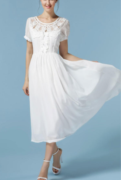 Women Round Neck Pleated Waist Chiffon Dress