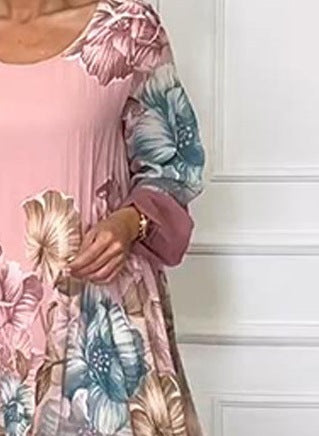 Women's Elegant Crewneck Puff Sleeve Pleated Printed Dress