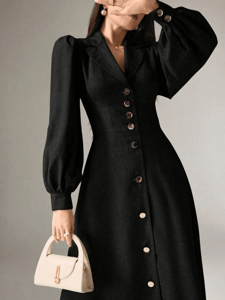 Women's Solid Color Puff Sleeve Button Front Casual Midi Dress