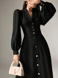 Women's Solid Color Puff Sleeve Button Front Casual Midi Dress