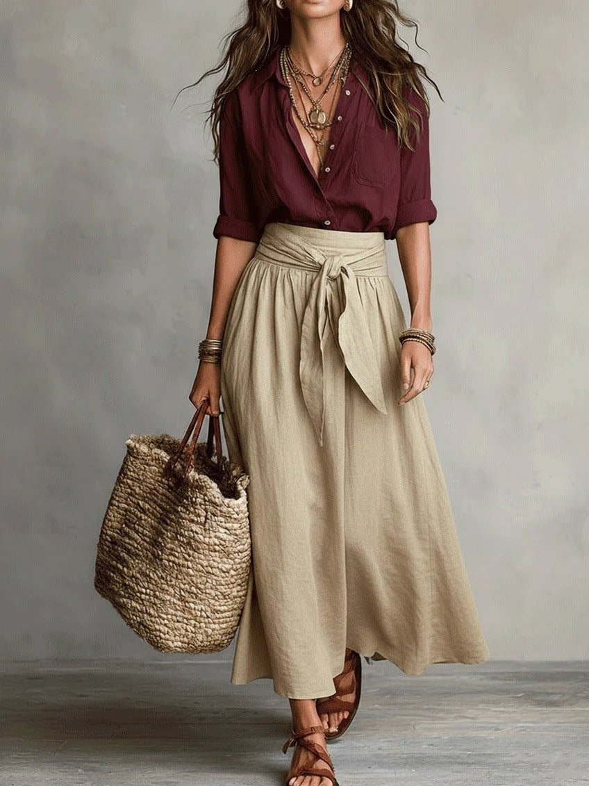 Long Sleeve Shirt & Color Block Tie-Waist Midi Skirt 2-Piece Set for Women