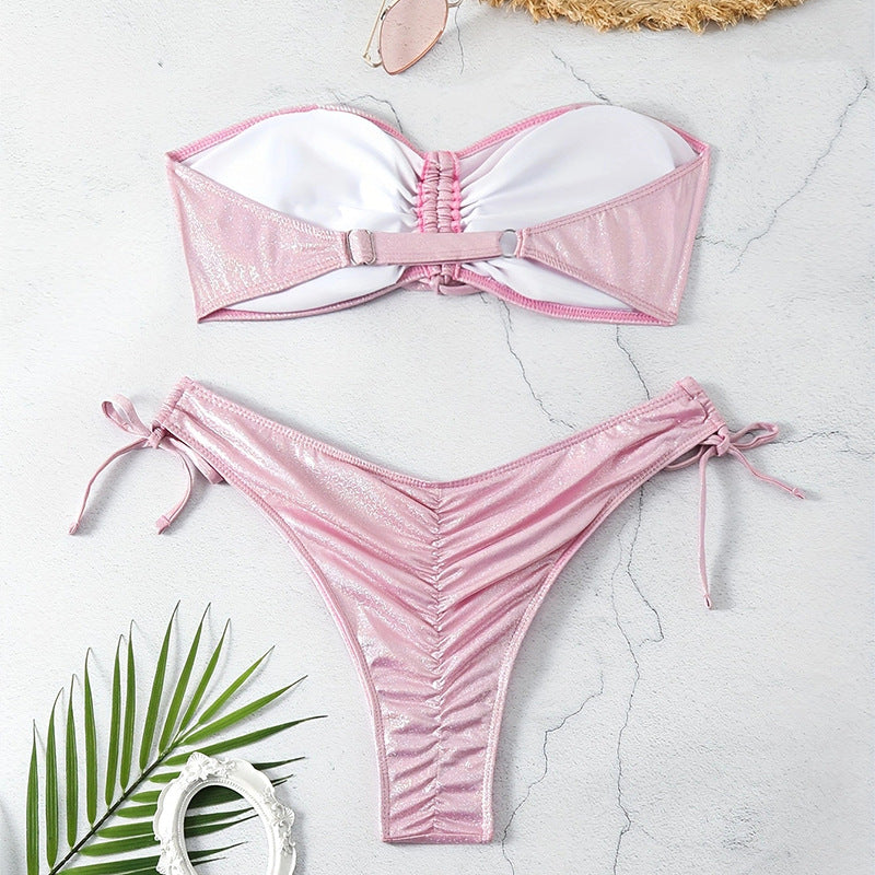 Bikini Split Swimsuit for Women - Drawstring Sling, Solid Color, Reflective Hot Spring Swimwear