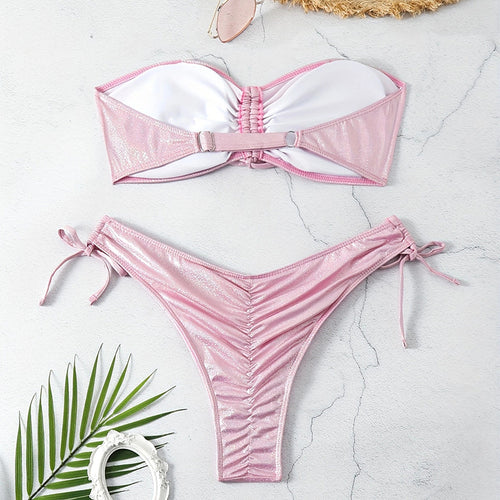 Bikini Split Swimsuit for Women - Drawstring Sling, Solid Color, Reflective Hot Spring Swimwear