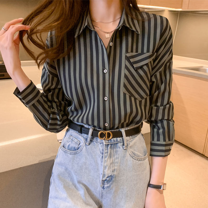 Lightweight Chiffon Lapel Blouse for Women - Spring & Fall Striped Cardigan Shirt