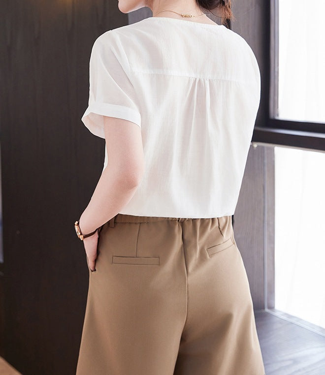 Women's Elegant Apricot Square Collar Shirt - Lightweight Short Sleeve Summer Top