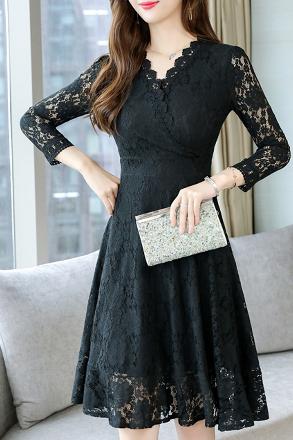 Women Fabulous Floral Lace Long Sleeve mid Length Slim Fit Magnificent Dress