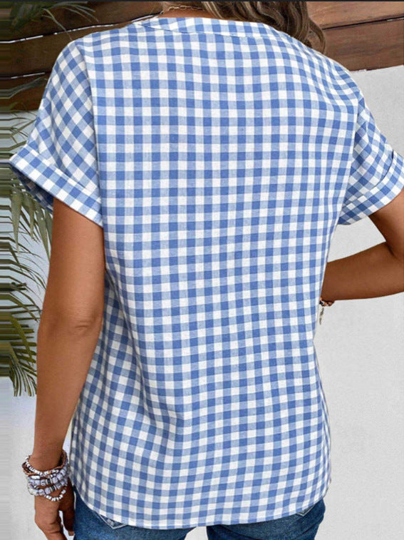 Women's Casual V-Neck Plaid Shirt – Loose Fit Short Sleeve Everyday Top