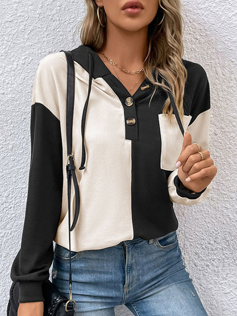 Women's Color Block Off-Shoulder Hooded Drawstring Sweatshirt – Casual Long Sleeve Sports Pullover