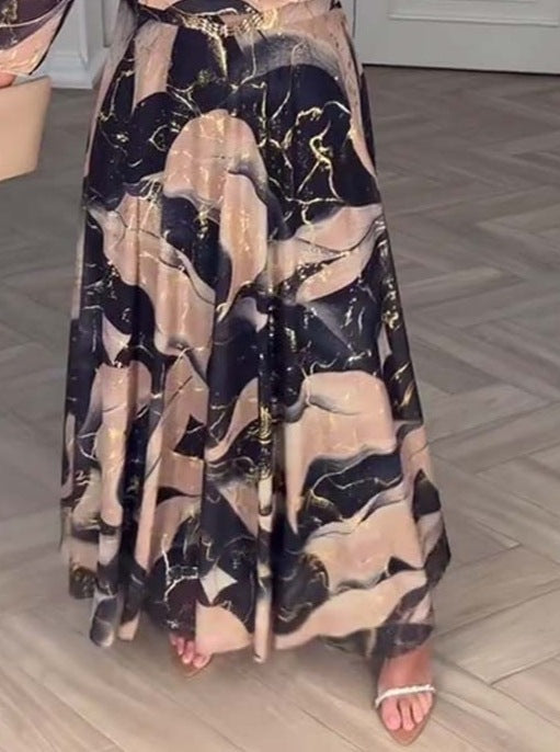 Women’s Elegant Seven-Sleeve Printed Waist Dress