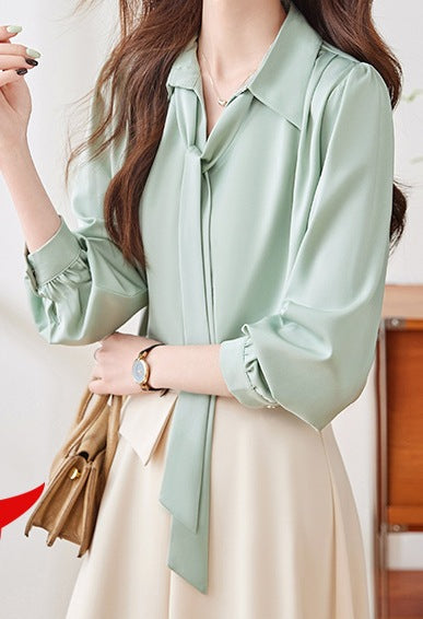 Women's Elegant Long Sleeve Satin Draped Fashion Top