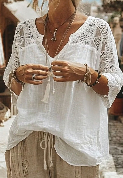 Summer Casual V-Neck Hollow-Out Batwing Sleeve Solid Color Women's Top T-Shirt