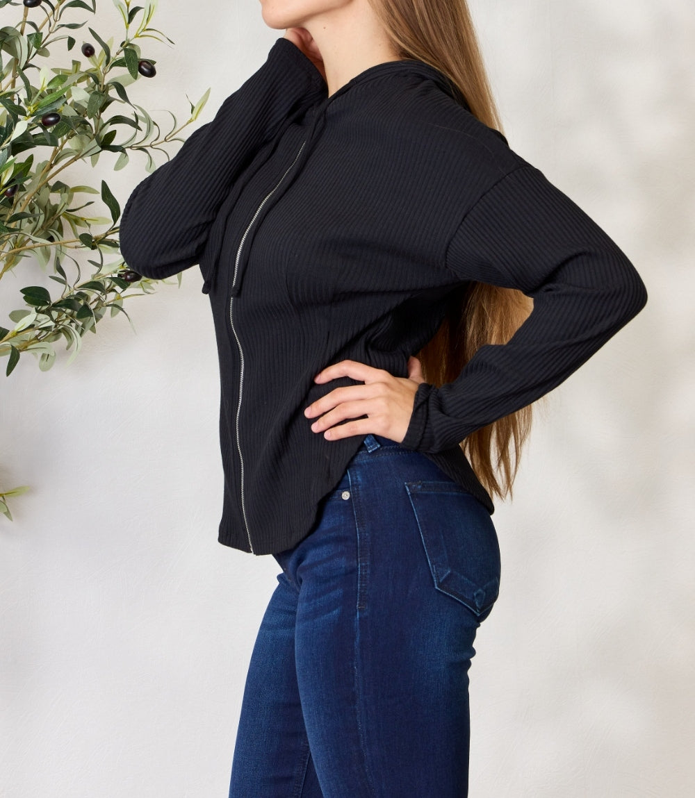 Culture Code Full Size Ribbed Zip Up Drawstring Hooded Jacket