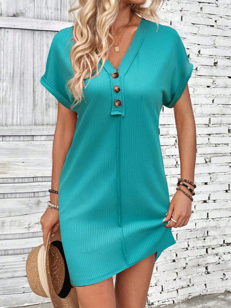 Summer New Elegant V-Neck Button Knitted Short-Sleeved Solid Dress