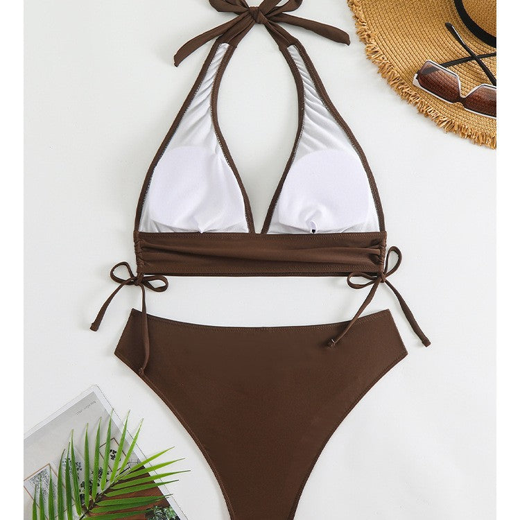 New Solid Color Lace-Up Neck Bikini Briefs Split Swimsuit for Women