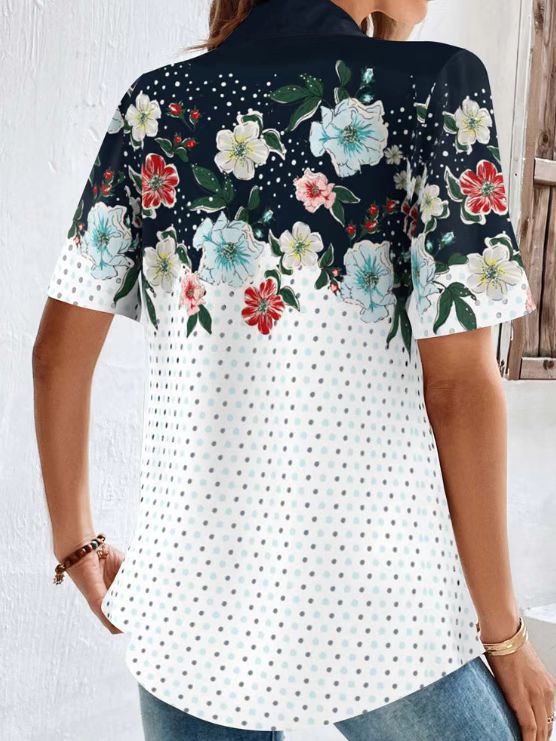 Women's Casual Polka Dot V-Neck Button Front Short Sleeve Everyday Top