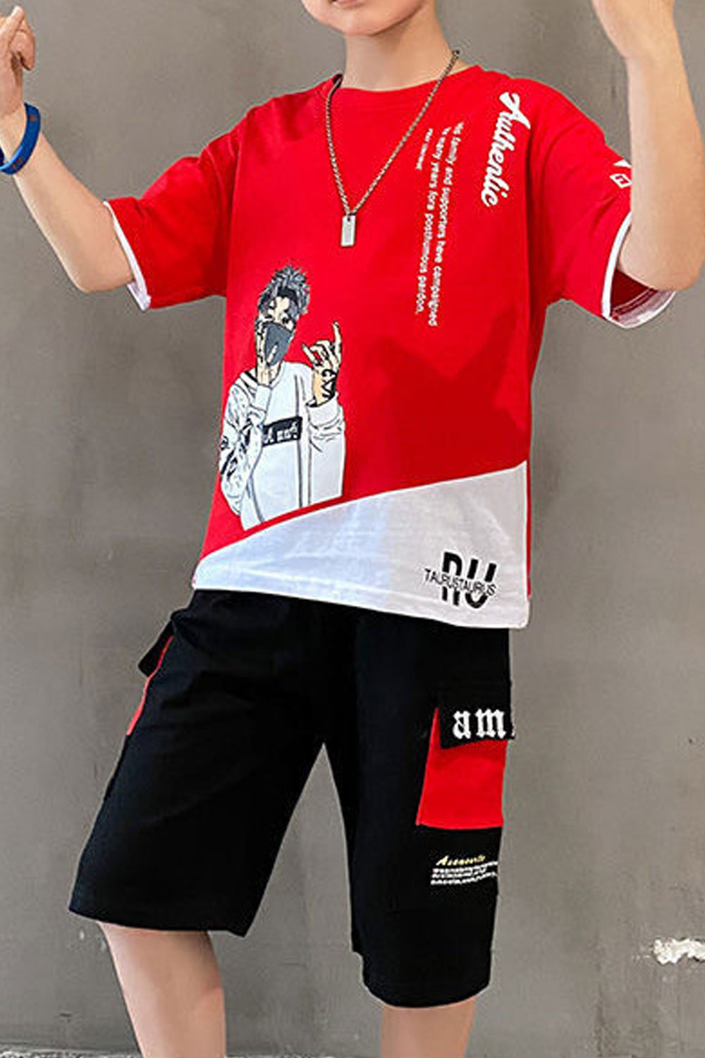 Kid Boys Print Style Round Neck short-sleeve With Short 2 Piece Suit