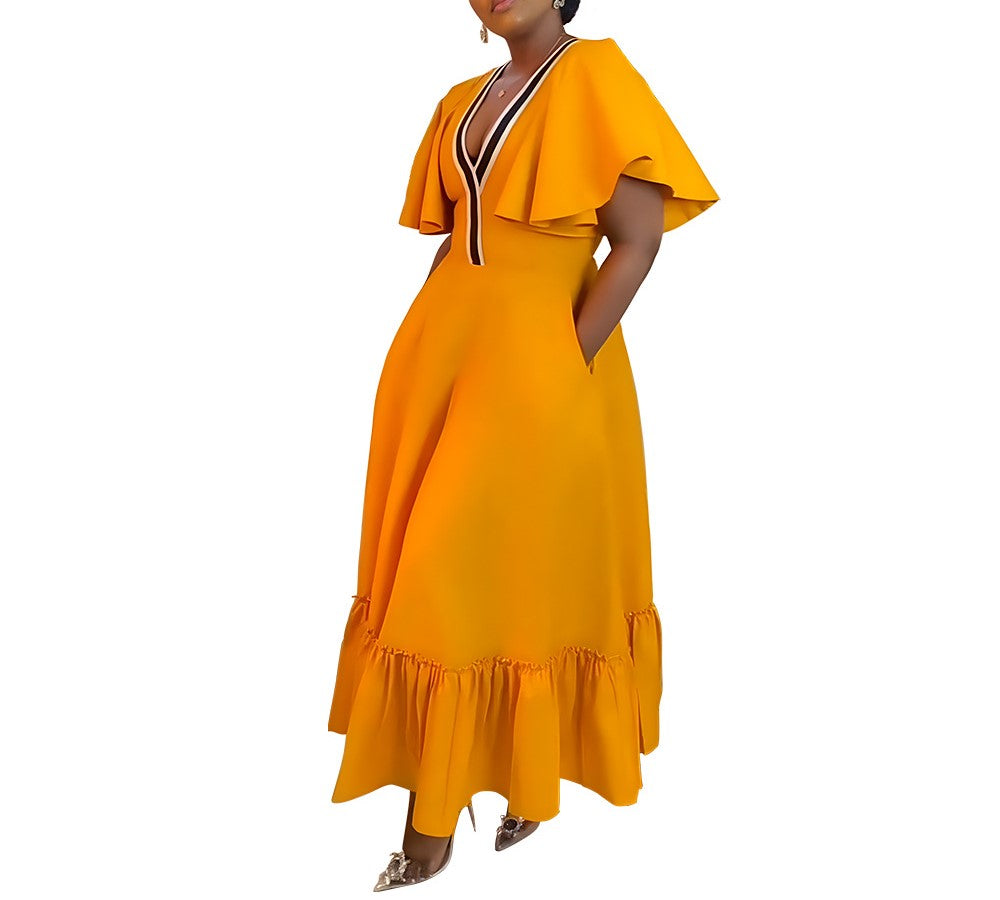 Plus Size Women's V-Neck Pleated Casual Dress with Lotus Leaf Sleeves – Elegant & Flowy Summer Midi Dress