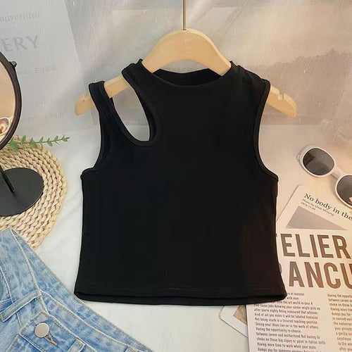 Baby Summer Vest Sling Top – Stylish One-Shoulder Solid Color Irregular Short Top - RAC26JP5499BATT
