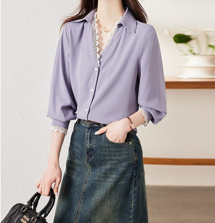 Women's White Chiffon V-Neck Blouse - Elegant Long-Sleeve Shirt