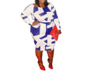 Plus Size Women's Long Sleeve Geometric Print Midi Dress – Elegant & Comfortable Casual Wear