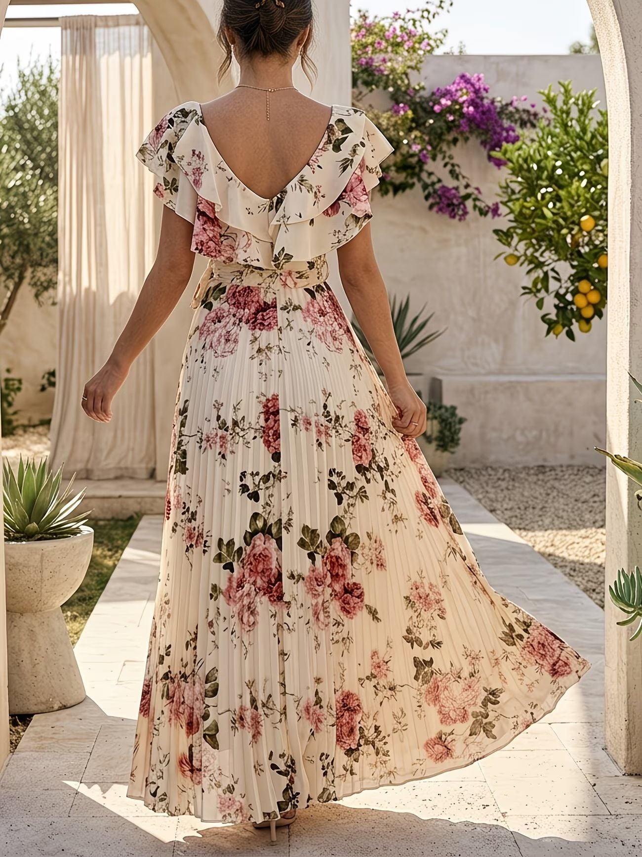 Women's Plus Size Printed Pleated Maxi Dress with V-Neck Ruffle Sleeves Waist-Defining A-Line Vacation Long Dress