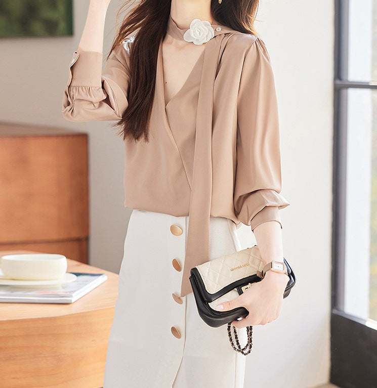 Women's Ruffled Strap Chiffon Shirt - Stylish Elegant Long Sleeve Top