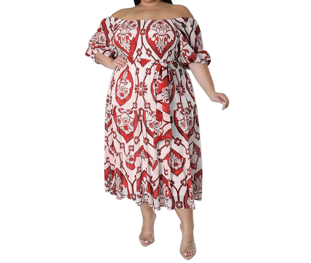 Summer New Style Printed Short-Sleeved Lace-Up Pleated High Waist Plus Size Dress