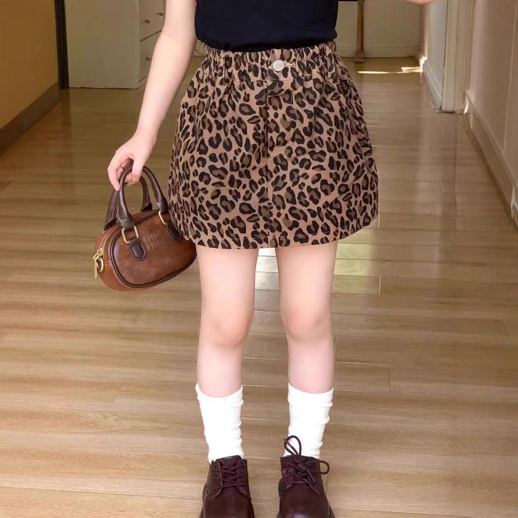 mer Girls’ Outfit Baby Stylish Letter Vest T-Shirt with Leopard Print Short Skirt - RAC26JP5394BATS