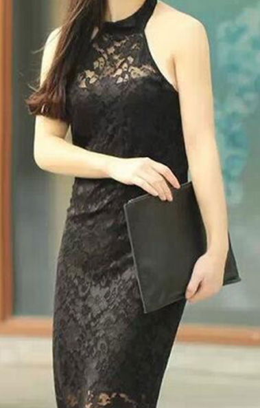 Women Sleeveless Covered Neck Lace Short Dress