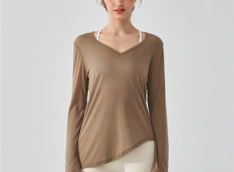 Women's Long Sleeve Yoga Blouse Hip-Covering Pleated Drawstring Top Loose Casual Autumn Dance Fitness Running Shirt