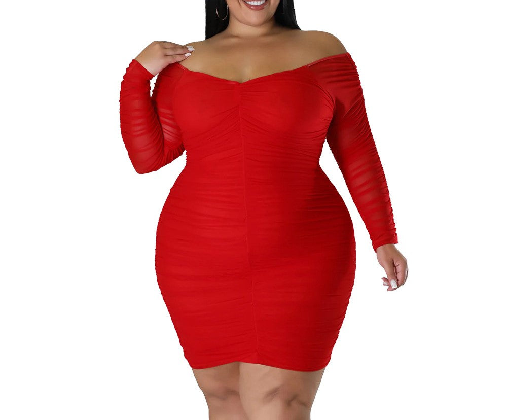 Autumn Plus Size Women's Bodycon Dress with Sheer Mesh Blouse Sleeves – Elegant Nightclub & Party Style
