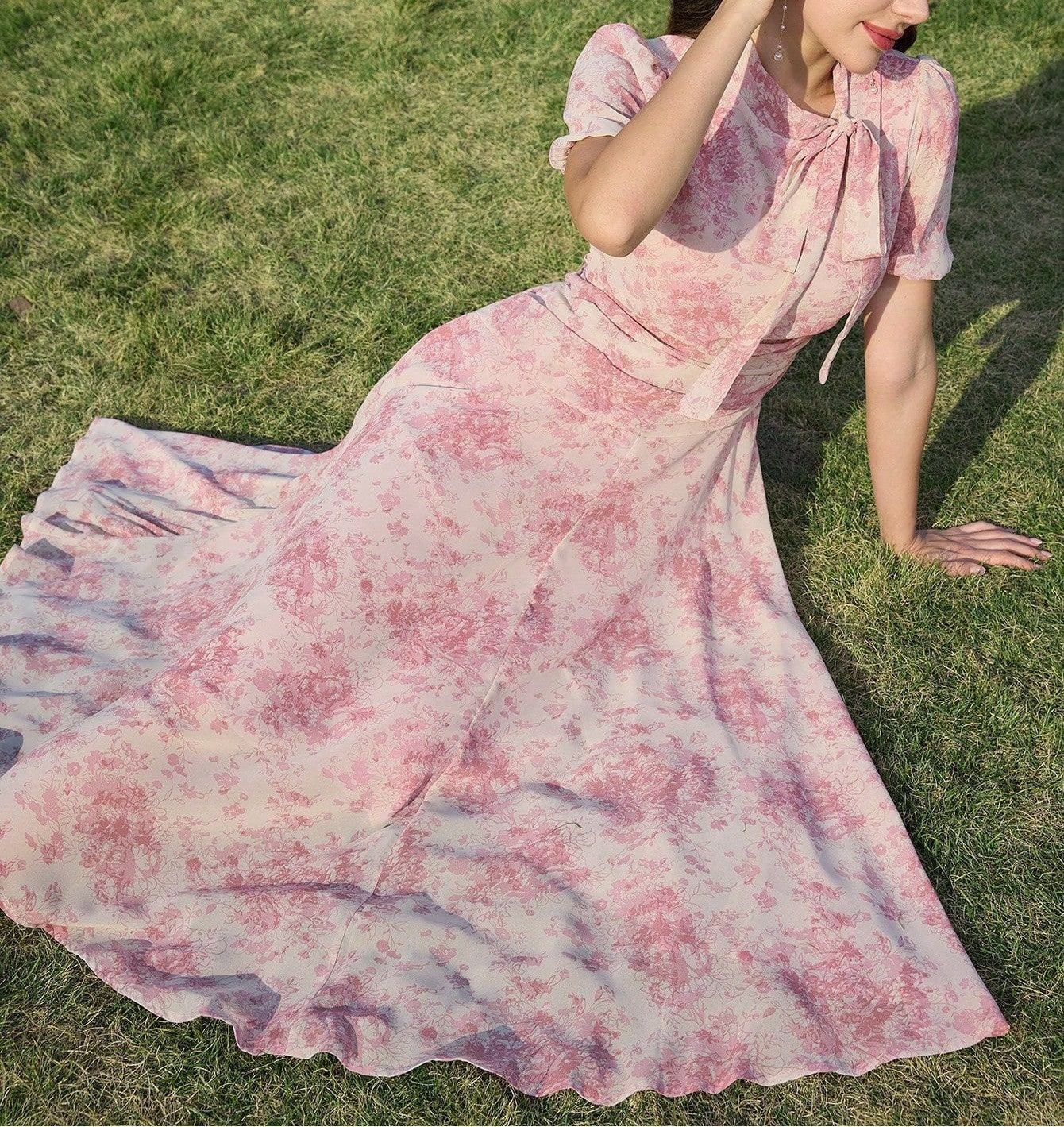 Women's Summer Vacation Long Chiffon Dress with Defined Waist, French Inspired Flowing Maxi Skirt