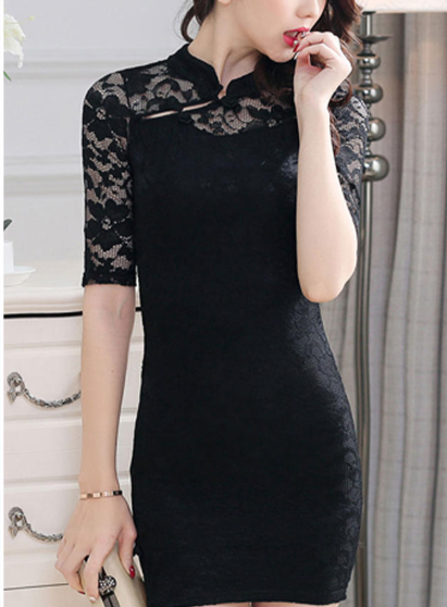 Women Fashion Small Collar Lace Up Sheath Dress