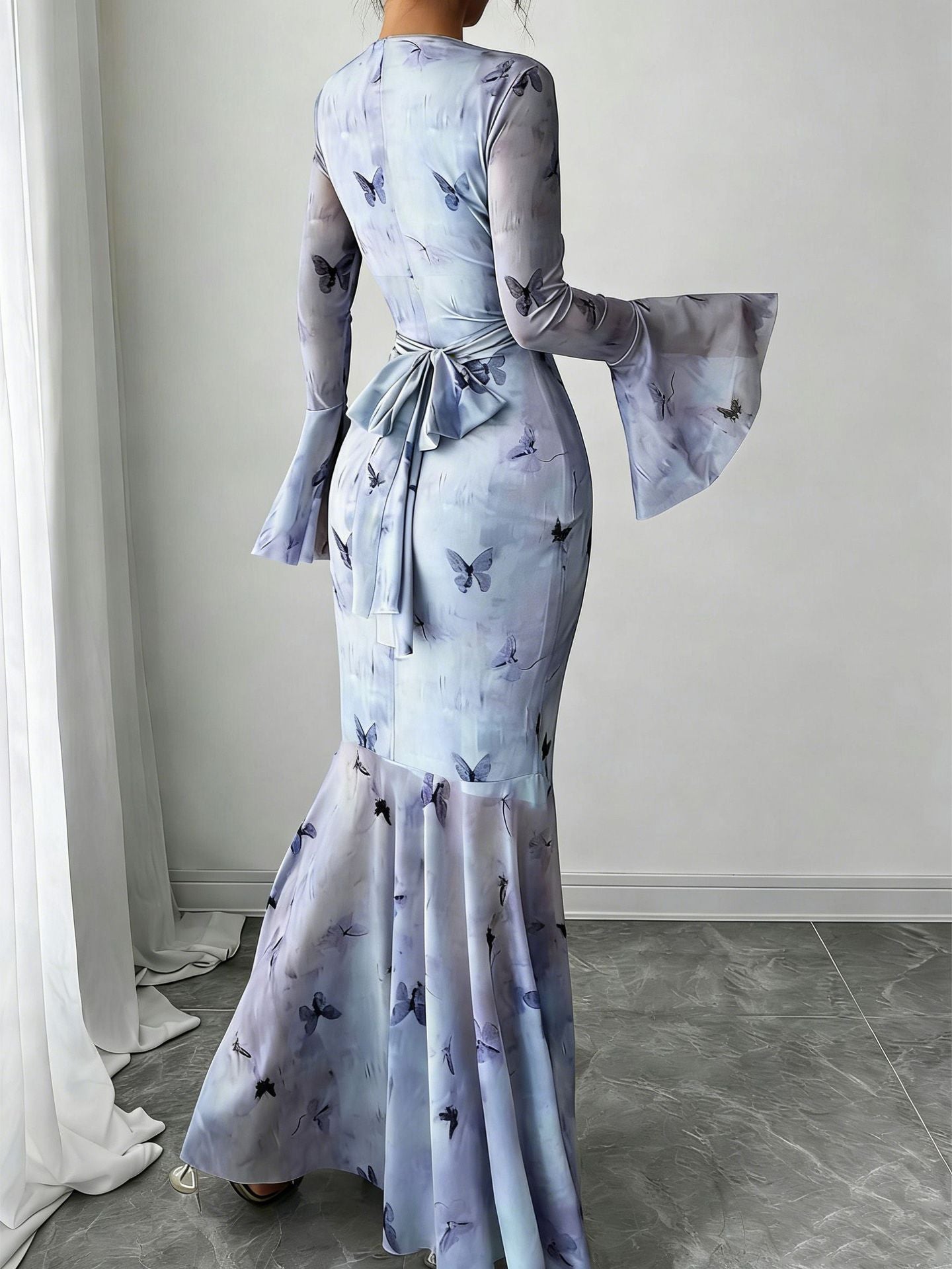 Women's Fitted Fishtail Maxi Dress with Waist Tie Knot Elegant Long Sleeve Dress