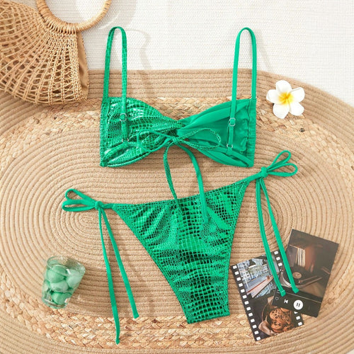 Bright Solid Color Backless Gathered Three-Piece Bikini Set