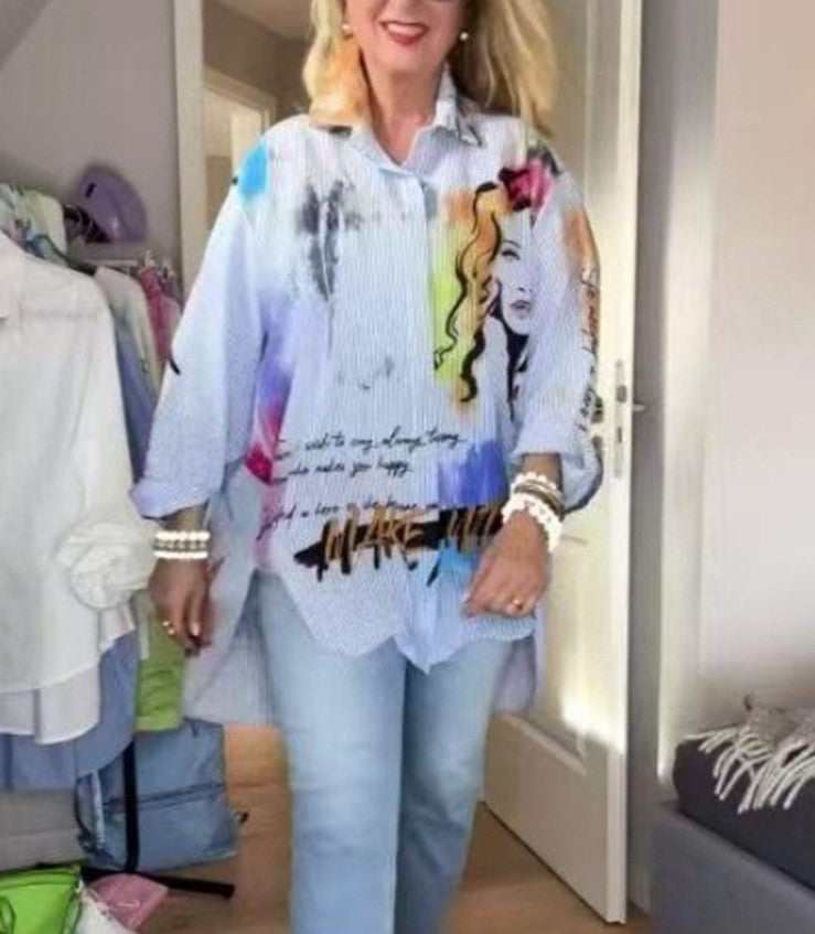 Summer Women's Printed Casual Lapel Long Sleeve Loose Fit Shirt Top