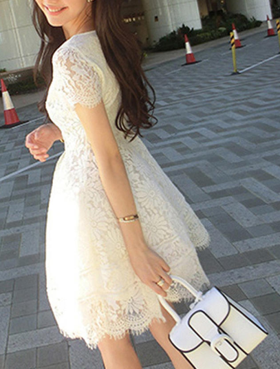 Women White Lace Up Short Sleeve Going Out Dress