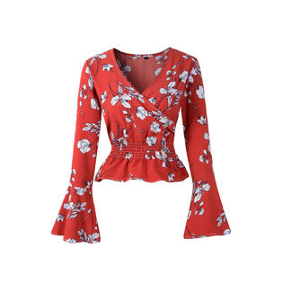 Women Marvelous Floral Printed Slim Waist Bishop Style Long Sleeve Comfortable Blouse