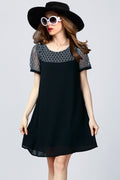 Women Lace Neck Chiffon Long Top Black